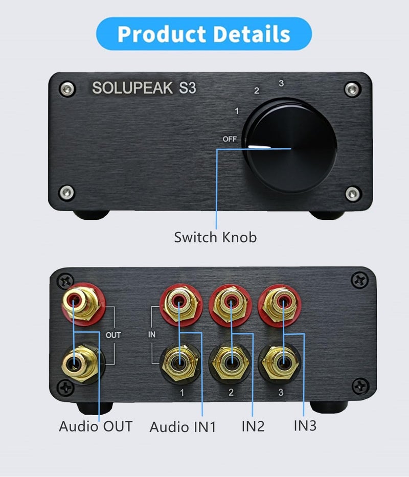 SOLUPEAK Premium 3 in 1 Out RCA Switch Box, Passive Stereo Signal Source selector, Audio switcher Splitter Box - Image 3